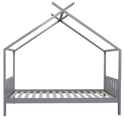 BENEFFITO ONEIROI - Lit Cabane Enfant avec Tête de Lit et Sommier à Lattes - Bois de Pin Gris