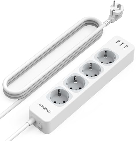 TESSAN 4 Fach Mehrfachsteckdose mit 3 USB, 7 in 1 Steckdosenleiste Verlängerungskabel 3M, Mehrfachstecker mit Schalter, 3600W Verteilersteckdose Steckerleiste mit USB, Grau