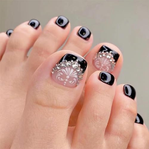 24Pcs False Toenails Short - French Acrylic Black Flower Dimond Press on Toenails Stylish Glossy Fake Toe Nails with Glue - Full Cover Stick on Toenails