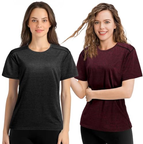 Aomig Sport T-Shirt Damen, Einfarbig Sportbekleidung Tops Kurzarm Rundhalsausschnitt Activewear T-Shirt, SchnellTrocknend, Fitness Yoga Sport Oberteile Laufshirt(Dunkelgrau + Burgund)