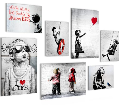 Novart Wandbilder Banksy Collage - KOMPLETT AUFHÄNGFERTIG - Street Art Grau Wohnzimmer Büro Loft - 7 Moderne Mood-Bilder - N003172a