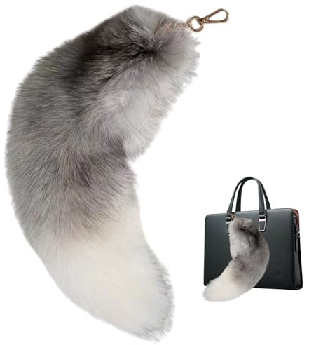 Porte-clés Queue de Renard, Porte-clés Queue de Loup en Fourrure Moelleuse, Fausse Queue Therian, Porte-clés Queue, Porte-clés Queue de Renard Réaliste Sac à Main Pendentif Accessoires, Blanc-Gris