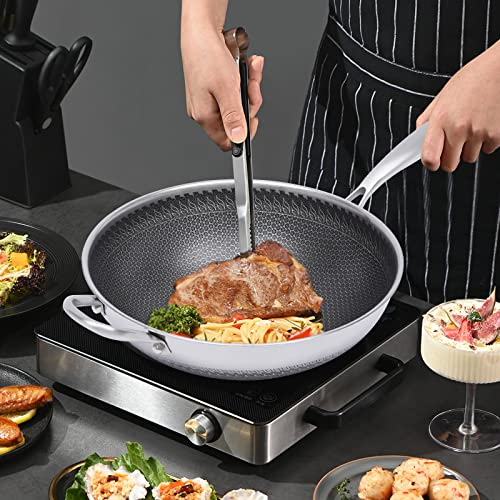 Padella per wok a induzione, 30 cm, con coperchio, in acciaio inox con coperchio da 30 cm, lavabile in lavastoviglie, antiaderente wok in acciaio inox antigraffio con coperchio, adatta a tutti i piani