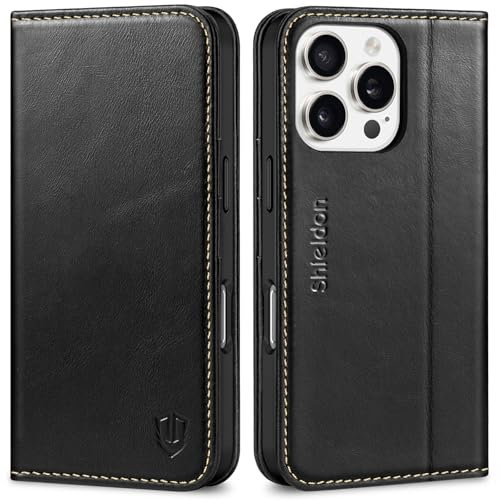 SHIELDON Hülle für iPhone 16 Pro, Stoßfest Schuzhülle [Echtleder] [Kartenfach] [Standfunktion] [Verdicht TPU] Handyhülle Magnetisch Klapphülle Kompatibel mit iPhone 16 Pro 6,3 - Retro Schwarz