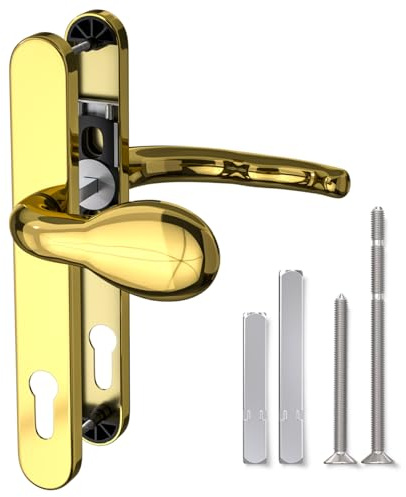 Bwintech 1 Pcs PVD Gold Stainless Steel UPVC Door Handle,Lever/Pad Inline 92mm Backset,211mm Screw Hole Distance, 243mm Plate Length Front Door Handles for UPVC Door