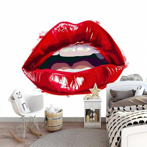 Simple Art Lips Wallpaper, Photo Wallpaper 157.5 x 110.2/400 x 280 cm(WxH) Non-Woven Premium Removable Waterproof Contact Paper Decorative, White Wallpaper for Mural Bedroom Living Room