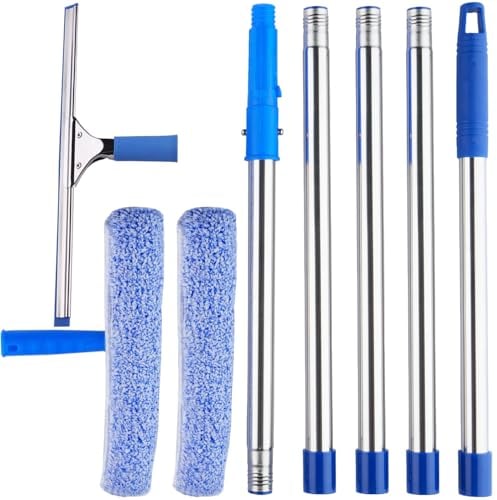 1,8m Fensterreiniger mit Langem Griff, 40cm Fensterabzieher und 37cm Fensterwischer als Kombi-Set, Profi Fensterreinigungsset Glaswischer für Glas Fenster Putzen, Dusche und Glastür Reinigung