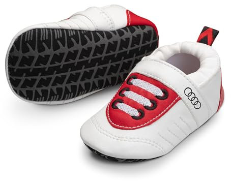 Audi 3202300900 Baby Schühchen Babyschuhe Rennfahrerschuh-Design, Größe 17-18, mit Audi Ringe Logo, weiß/rot