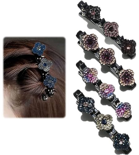 BDEPSTR 4 Stück Kristall-Stein Geflochtene Haarspangen, für Damen,Mädchen, Elegante Haarstyling Clips Glänzende Strass-Haarspange, Haarspangen in Form eines vierblättrigen Kleeblatts