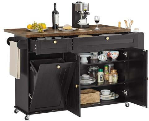 60 Kitchen Island with Power Outlet & Drop Leaf, Kitchen Rolling Island with Spice Rack & Towel Rack, Knife Holder, Kitchen Island Cart with Trash Storage Cabinet, Mobile Island Table for Kitchen