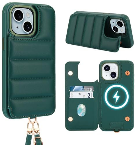 Aisenth Handyhülle mit Band für iPhone 13/iPhone 14, Stoßfest PU-Leder Brieftasche Klapphülle Schutzhülle mit [RFID Blocker] Kartenfach, Ständer, Crossbody Case für Frauen und Männer, Dunkelgrün