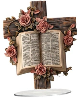 rockible 2D Cross Ornament Book Rose Muster Dekoration Modes Leichtes Plaque Tabletop Dekor für Display Festival Themenparty Party