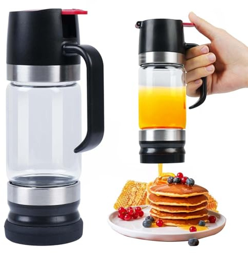 Ecopandy 315ML/11oz Glass Honey Dispenser No Drip, No Drip Honey Maple Syrup Dispenser with Handle, High Borosilicate Glass Clear Honey Jar Pot for Honey, Syrup, Jam, Spices Home Kitchen (1* Black)
