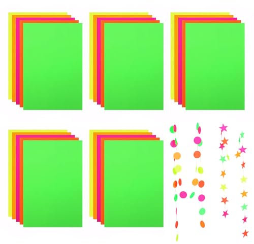 Neon-Papier 40 Blatt – Leuchtendes DIY-Kartonpapier für Schwarzlichtpartys, 5 Farben, UV-reaktiv, ideal für Tanzflächen und Dekoration