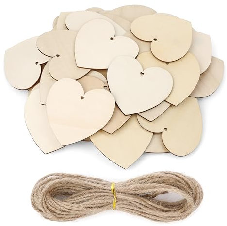 CraftWerk Corazones de madera, paquete de 48 con 10 cuerdas de yute, colgante de madera con agujero para escribir, corazón como placa para nombre para bautizo o boda, 10 cm