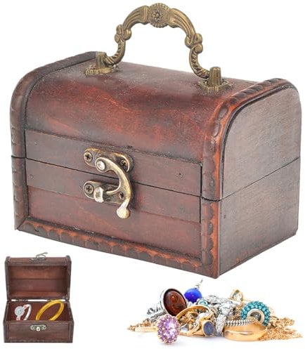 Mineup Kleine Holz Schatztruhe Box, Vintage Holztruhe Aufbewahrung, 14x8.5x8.5 cm Rot Braun Klein Piratenkiste, Holzkästchen Kindergeburtstag für Persönlichen Kindergeburtstag