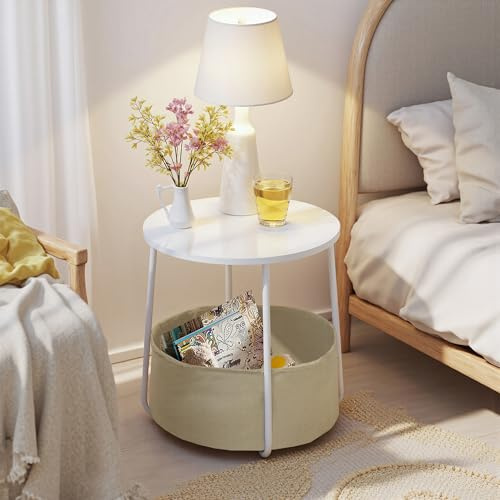 FurnitureR End Table, Small Bedside Table with Fabric Storage Basket, Modern Nightstand, 45 cm White Top, for Living Room, Bedroom, Matte White and Camel,Metal Frame