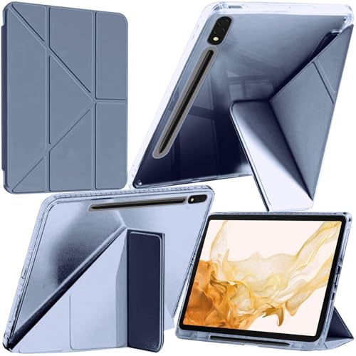 A-BEAUTY Hülle für Samsung Galaxy Tab S8/S7 11 Zoll Blau Grau | mit S Pen Halter, Klar Rückseite Y-Ständer Stoßfeste Schutzhülle Auto Schlafen/Wachen