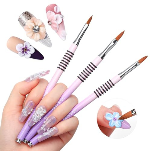 SAVILAND Kolinsky Lot de 3 pinceaux à ongles en acrylique professionnels pour nail art sculpture, tailles 2/4/5 Violet/rose dégradé Manche antidérapant pour application acrylique Motifs floraux 3D