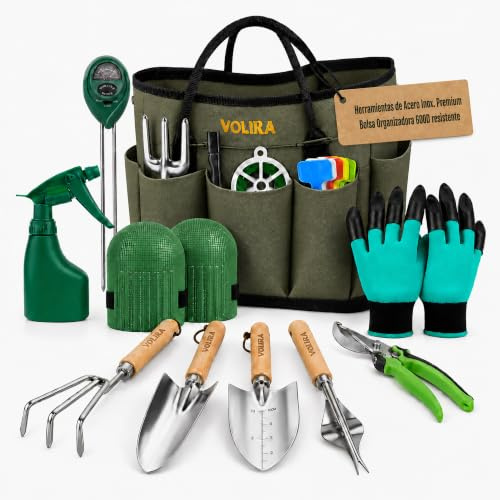 Kit Jardinería, Herramientas Huerto Urbano | Utensilios Jardín 14 Piezas | Kit Huerto Acero Inoxidable | Medidor Humedad, Tijeras Podar SK5, Bolsa Resistente | Set Jardín Regalo Completo
