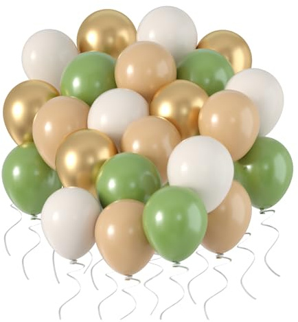 Luftballons Beige Gold Weiß 60 Stück 12 Zoll, Avocadogrün Metallic Gold Twilight White Aprikot Pastell Ballons mit Bändern für Hochzeit Geburtstag Boho Luxus Vintage Themenparty Dekoration W306