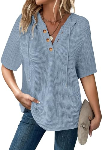 Dimur Oversized Tshirts for Women Comfy Pullover Tops Lightweight Drawstring Button Hoodies Breathable Maternity Clothes Spring Fashion Clothing