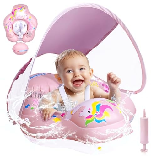 BNEHHOV Flotador para Bebés con Sombrilla con Protección Solar UPF 50+ Anillo de Natación para Bebés de 6 a 36 Meses con Bola de Equilibrio Antivuelco Asiento de Natación Inflable Ajustable - Rosa