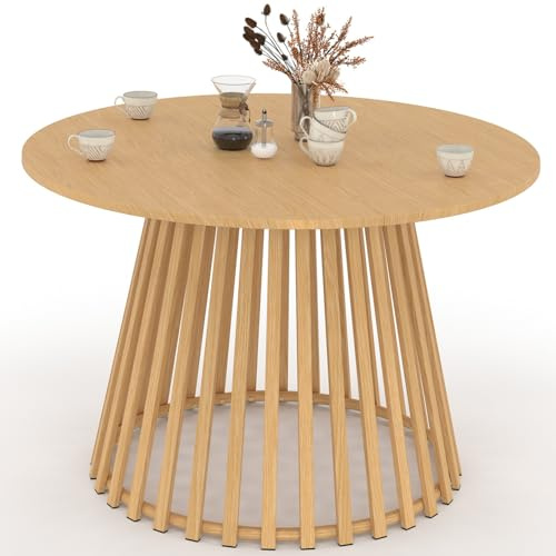 IDMarket - Table de Jardin Ronde SOLAL 120 cm 6 Personnes | Avec pied lattes en métal effet bois