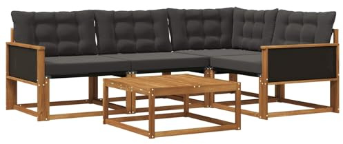 vidaXL Outdoor-Sofagarnitur mit Kissen 5 pcs Natürlich und Schwarz, Moderne Garten-Sofa-Garnitur, langlebige Möbel, schicker Akazienholz-Sitz, Bequeme Terrassen-Lounge