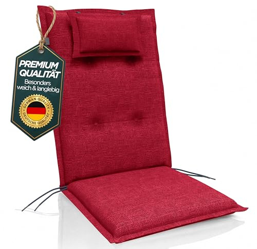 RELEXO Premium Hochlehner Auflage 120x50x8 cm mit Kopfpolster Gartenstuhl Auflage für Hochlehner – Bequeme Schaumstofffüllung, UV-beständig, Strapazierfähig, Befestigungsbänder, Polster (6, Rot)