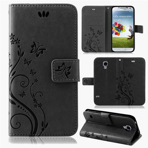 Hülle Kompatibel mit Samsung Galaxy S4 mini | Premium PU Leder Handyhülle Wallet Case für Galaxy S4 mini | Schutzhülle Blumen Klapphülle Handyhülle | Schwarz