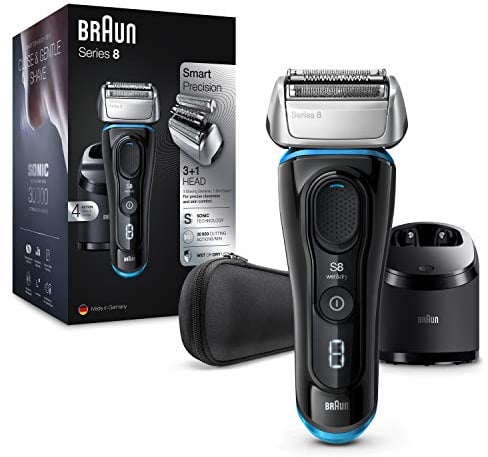 Braun Series 8 Rasierer Herren mit 3+1 Scherkopf, Elektrorasierer & Trimmer für Präzision, Reinigungs- & Ladestation, Li-Ionen-Akku 60 min, Wet & Dry, 8385cc, schwarz