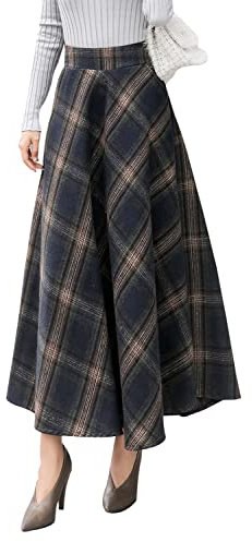 Damen Lange Rock Elegant Wollrock Winterrock Warm Plaid Casual Party Maxirock Hohe Taille A-Linie röcke Retro Elastische Taille Faltenrock Dunkelblau 182-S