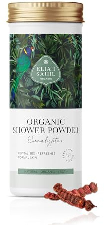 ELIAH SAHIL Bio Duschpulver Eukalyptus 90g – 100% natürlich, wasserfrei, vegan, pH-neutral, klimapositiv, sanftes & erfrischendes Duschgel – umweltfreundliches Reinigungspulver