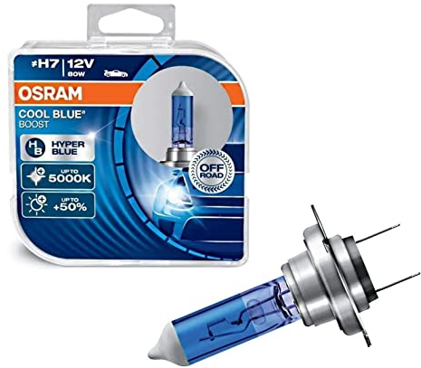 2x Osra.m H7 80W 12V Cool Blue Boost Hyper Blue 5000K 62210CBB-HCB Super Weiß Xenon Look Ersatz Halogen Birne für Scheinwerfer, Fernlicht, Abblendlicht, Nebelleuchte vorne - Off-Road