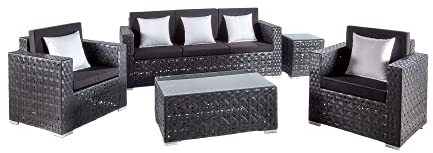 wuuhoo® I Edle Polyrattan Lounge Garnitur Lima I Set 5-teilig in schwarz I Design Sitzgruppe für Garten und Terrasse incl. Sitzauflage und Kissen I Aluminiumgestell I Wetterfest für Innen und Außen