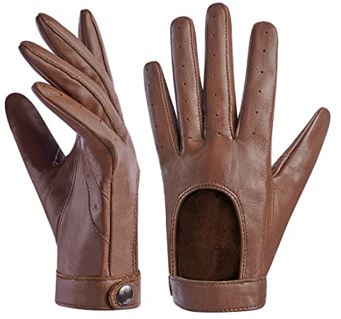 Harssidanzar Damen Leder autofahrerhandschuhe,Touchscreen ungefüttert dünne Lederhandschuhe aus Schaffell KL021EU, Cognac, Größe S
