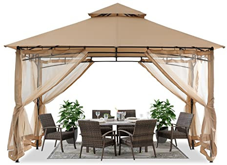 ABCCANOPY 3.35x3.35m Gartenpavillon für Terrasse Doppeldachweichdach Garten Hinterhof-Pavillon mit Netz für Schatten und Regen,Beige