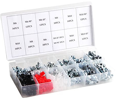 ALETO Metric 140pcs Grease Nipple Fitting Assortment Kits, Straight, 45 Degree, M6 M8 M10 with Dust Caps Hydraulic Brake Replacement