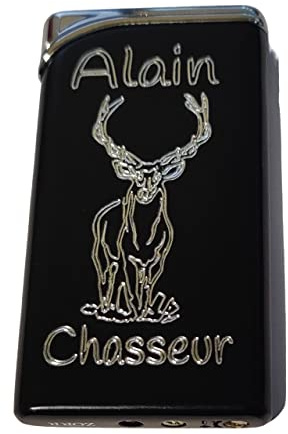 Feuerzeug mit persönlicher Gravur, personalisierbar, mit Wunschtext und Zeichnung (Hier Jagd), erhältlich in Schwarz oder Silber