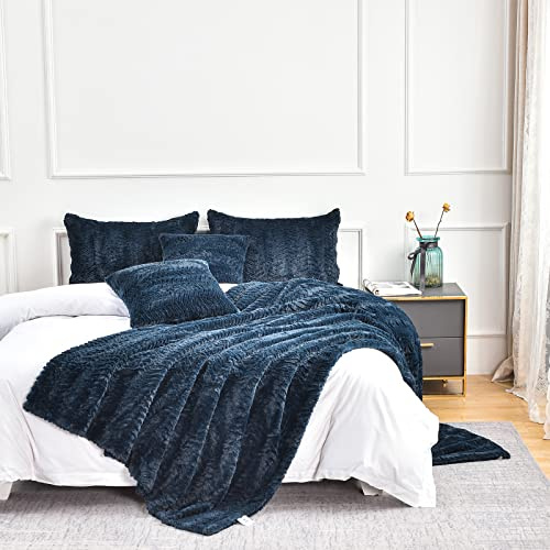 YUSOKI Luxury Faux Fur Twin XL Blanket,Decorative Soft Fuzzy Fluffy Cozy Blanket Plush Furry Comfy Warm Blanket for Couch Bed Chair Sofa Women Teen Girls Men Gift(Navy Blue,63x90)