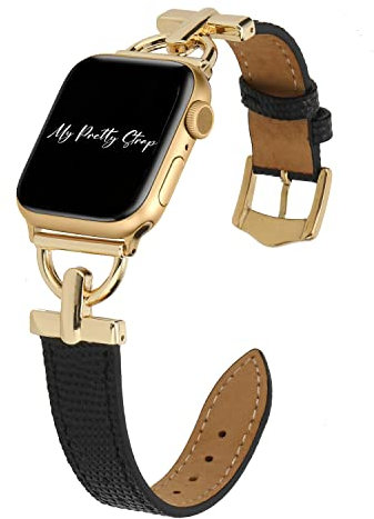 My Pretty Strap Glam Leather Apple Watch Band 38/40/41mm or 42/44/45/49mm, Stainless Steel and Genuine Leather for Women (38MM / 40MM / 41MM, Gold)