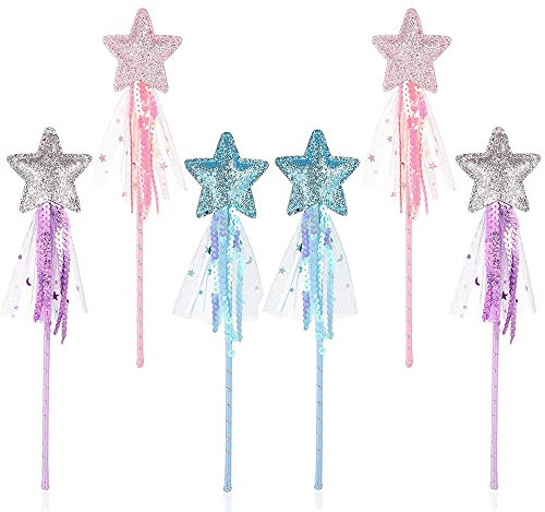 Wenrou 6 Pièces Baguette Magique et de Fée, Bâton Étoile pour Costume de Fille, Accessoire de Fête et Noël (Rose, Violet et Bleu)
