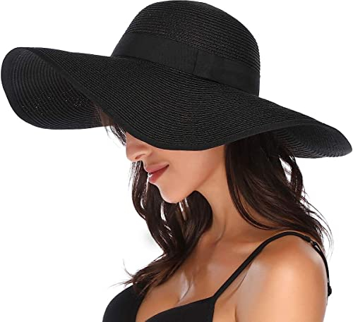 BABAHU Faltbarer Strohhut für Damen, mit breiter Krempe, Sonnenhut, Sommer, Strandhut, UV-Schutzfaktor 50+, 03-Stil, Schwarz, Einheitsgröße