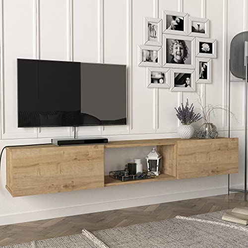 [en.casa] Mueble de TV Flotante Paltamo Mueble de Salón Mesa de TV Suspendido con 3 Compartimientos y 2 Puertas Abatibles 180 x 31 x 30 cm - Efecto Roble