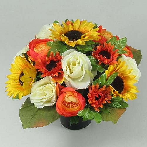 Just Because Silk Flowers Colourful Artificial/Silk Flower Grave Arrangement with Roses, Sunflowers and Ranunculus, 24cm