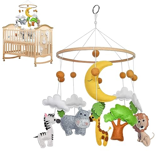 FENYW Mobile Baby Windspiele mit Filzbällen, Waldtiere Bettglocke Baby, Wald Tiere Holz Mobile Babybett Kinderzimmer, Hängende Bettglocke Anhänger, Babyzimmer Deko für Babybett Jungen Mädchen