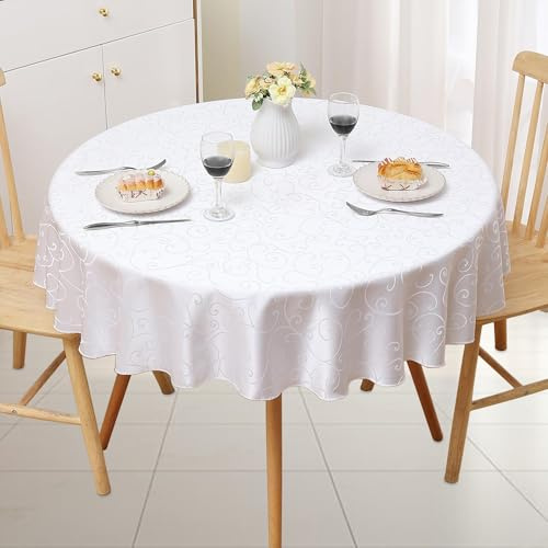 WedDecor 108 Inch White Round Damask Tablecloth, Overlay Branch Swirl Pattern, White Dinner Table Cover for Banquets, Parties, Kitchen, Restaurants, Home, Weddings, Christmas, 10pcs | Overlay Branch Swirl Pattern, Seamless Polyester Linen Table Cover for Party, Restaurant, Dining Tables, Events, Christmas