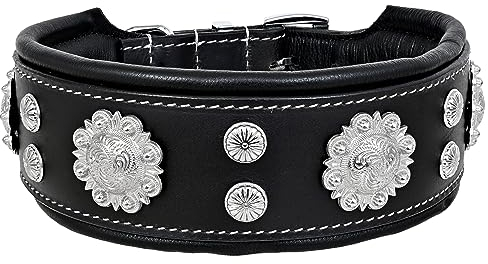 MICHUR Nero Hundehalsband Leder, Lederhalsband Hund, Halsband, schwarz mit schönem Stanzmuster und silbernen Aplikationen Breit, Leder, in verschiedenen Größen erhältlich
