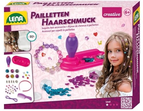 LENA 42718 Pailletten Haarschmuck, Komplettset für die Herstellung von Schmuck für die Haare, Bastelset für Kinder ab 6 Jahren, Pailletten in 6, Applikationsgerät, Perlen-Armband